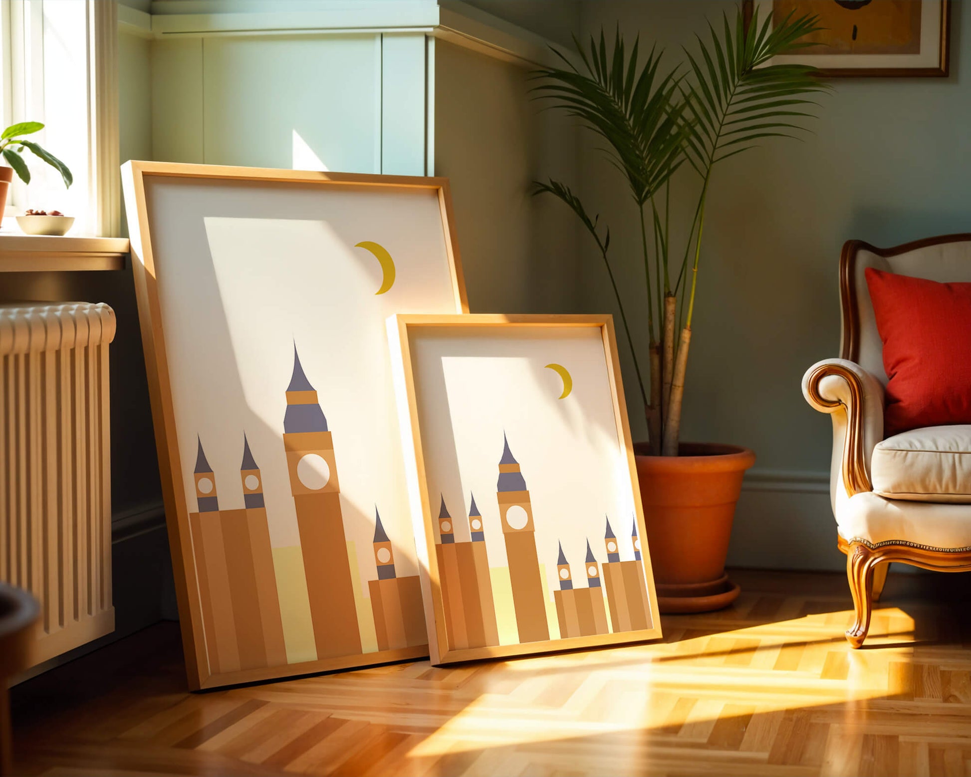 Minimalist illustration of iconic clock tower with crescent moon