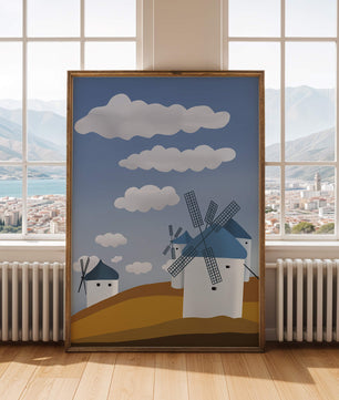 Scenic Windmills on a Sunny Day with Blue Skies and Clouds