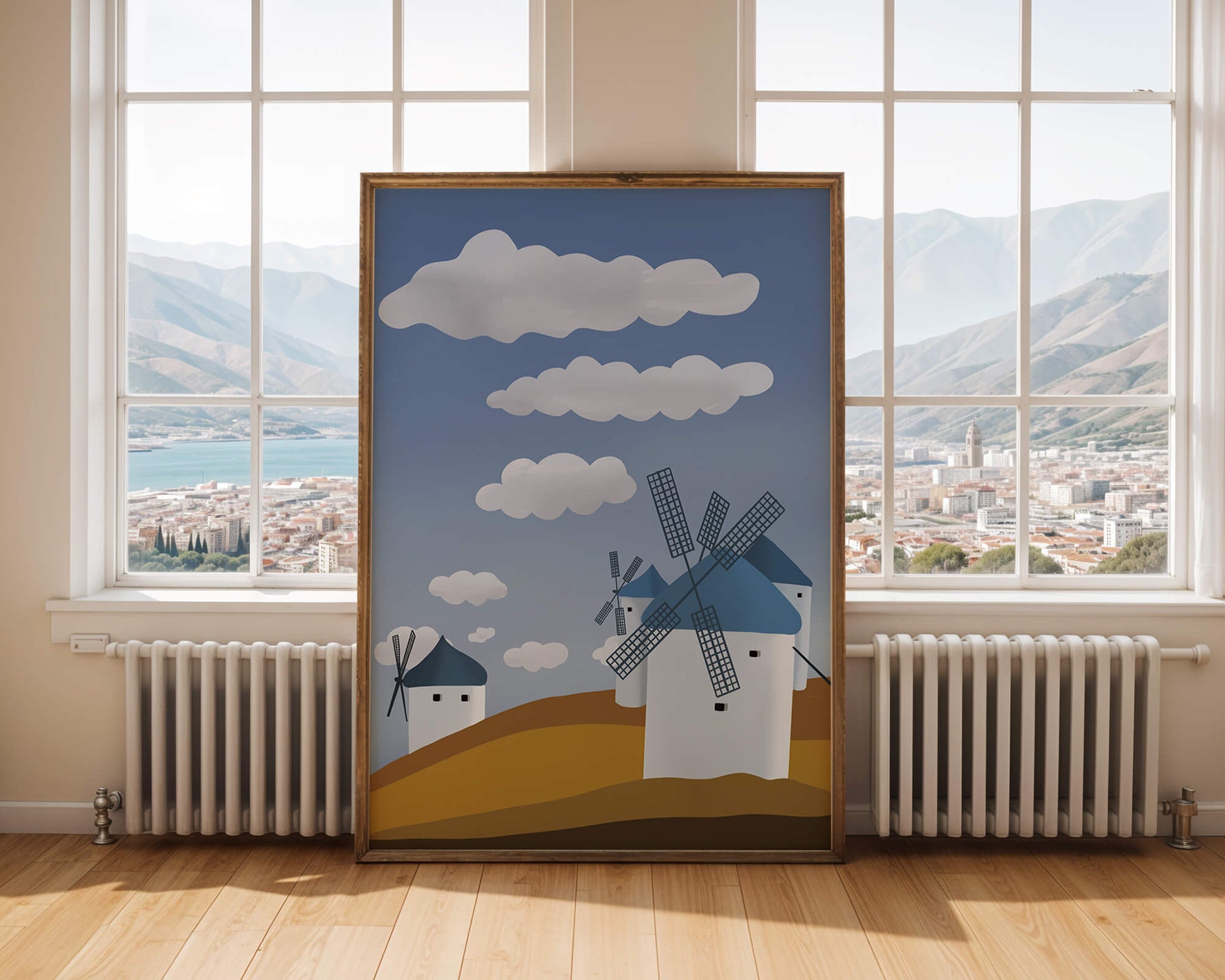Scenic Windmills on a Sunny Day with Blue Skies and Clouds