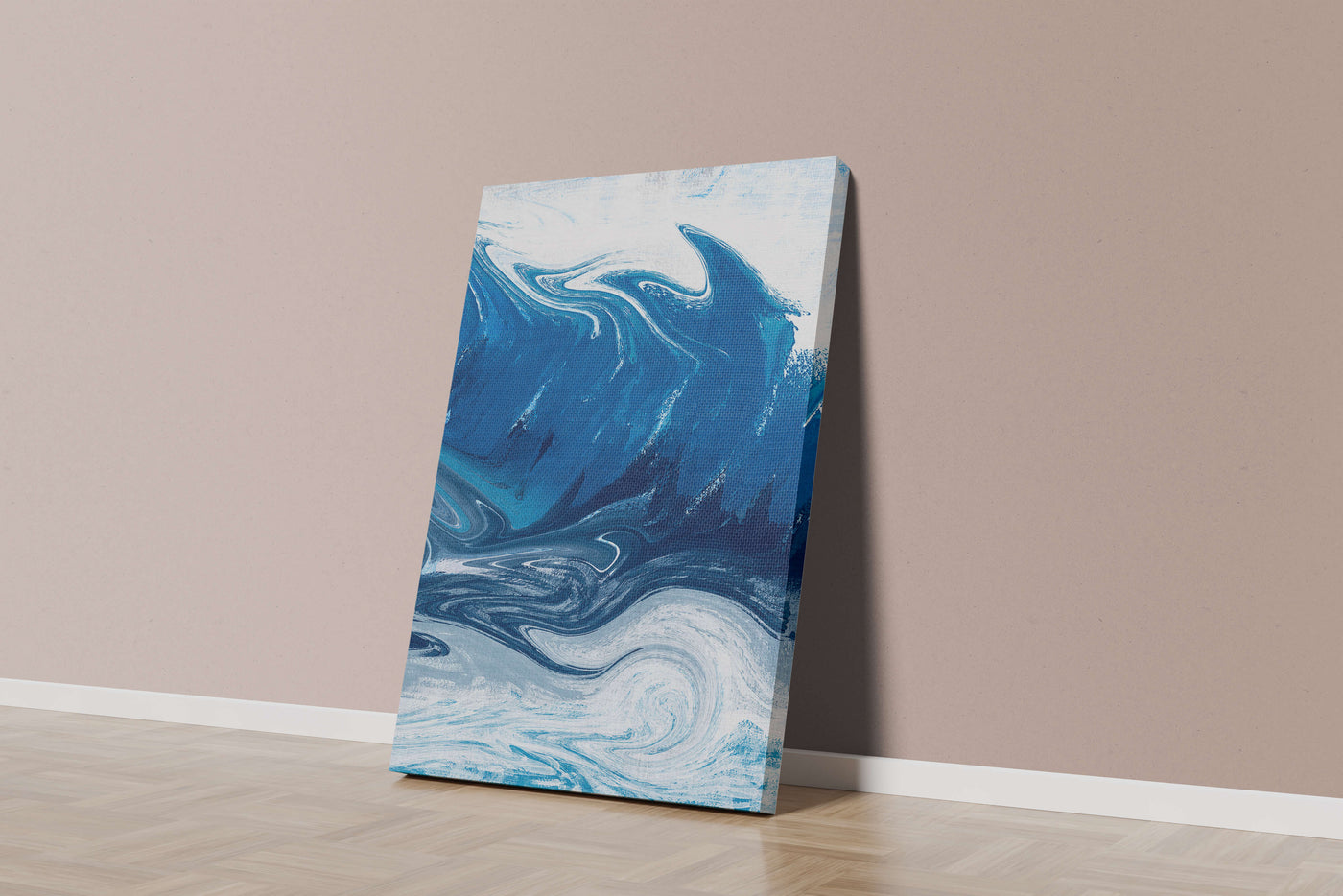 Abstract blue and white ocean wave painting with swirling patterns