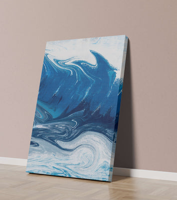 Abstract blue and white ocean wave painting with swirling patterns