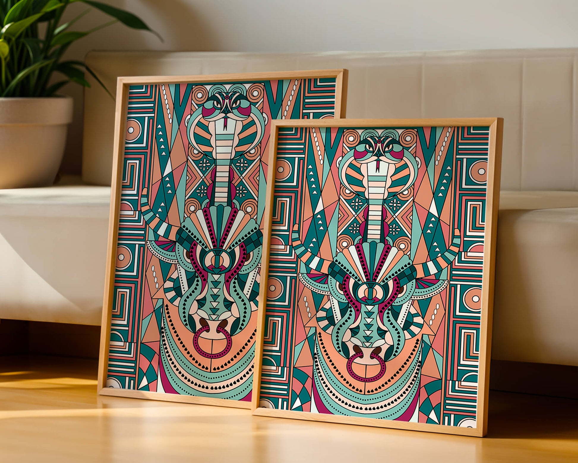 Patrón geométrico de animales con toro y cobra en colores vibrantes