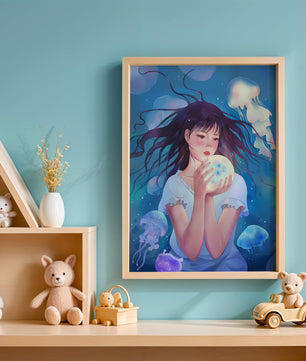 Enchanted underwater scene with girl and glowing jellyfish