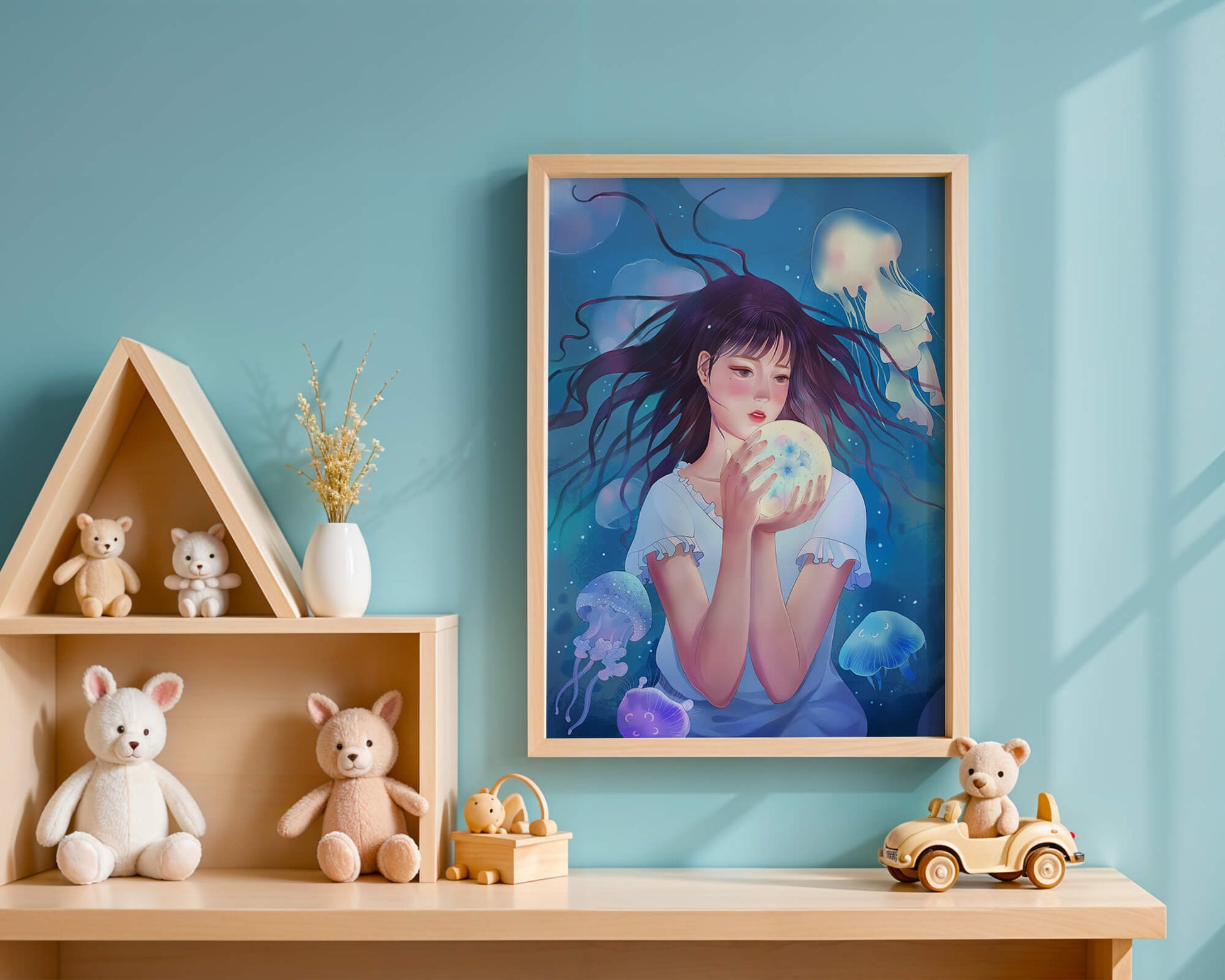 Enchanted underwater scene with girl and glowing jellyfish