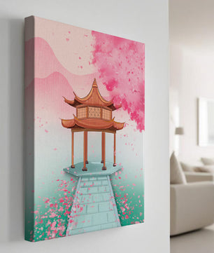 Traditioneller asiatischer Pavillon, umgeben von Kirschblüten