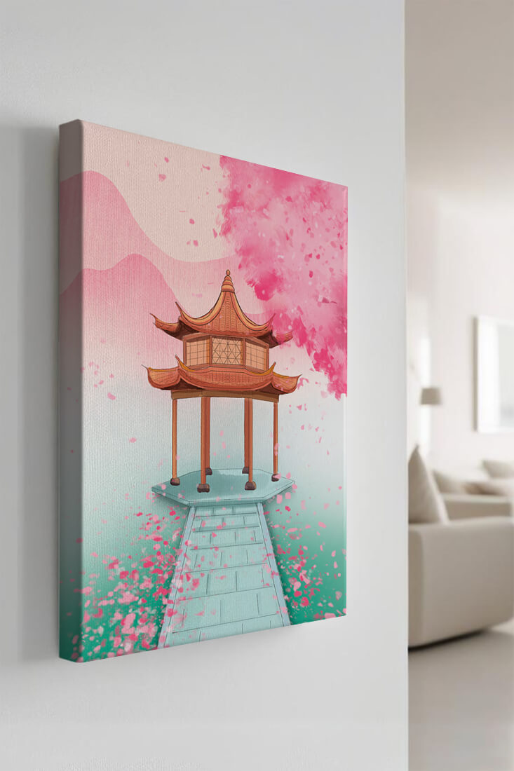 Traditional Asian gazebo surrounded by cherry blossoms
