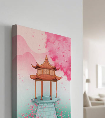 Traditional Asian gazebo surrounded by cherry blossoms