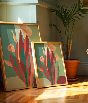 Abstract floral illustration with bold colors and geometric background