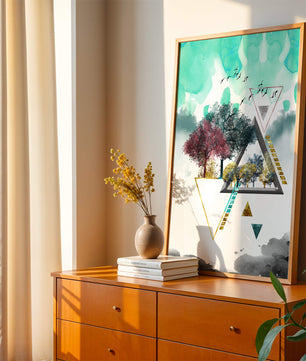 Abstract Geometric Landscape with Vibrant Trees and Birds - Mi tienda