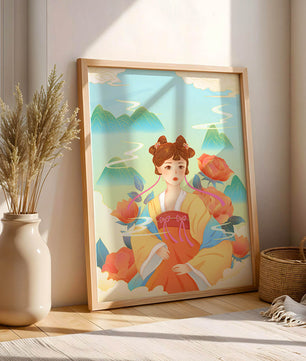 Traditional Asian Art with Woman in Hanfu Surrounded by Mountains and Peonies