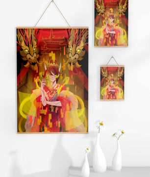 Personaje con atuendo tradicional, dragones y elementos digitales