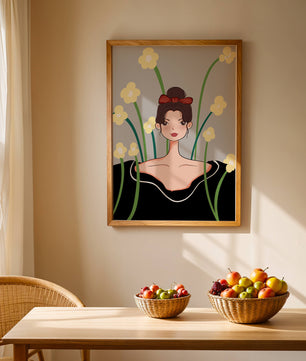 Ilustración de una mujer con fondo floral y lazo rojo