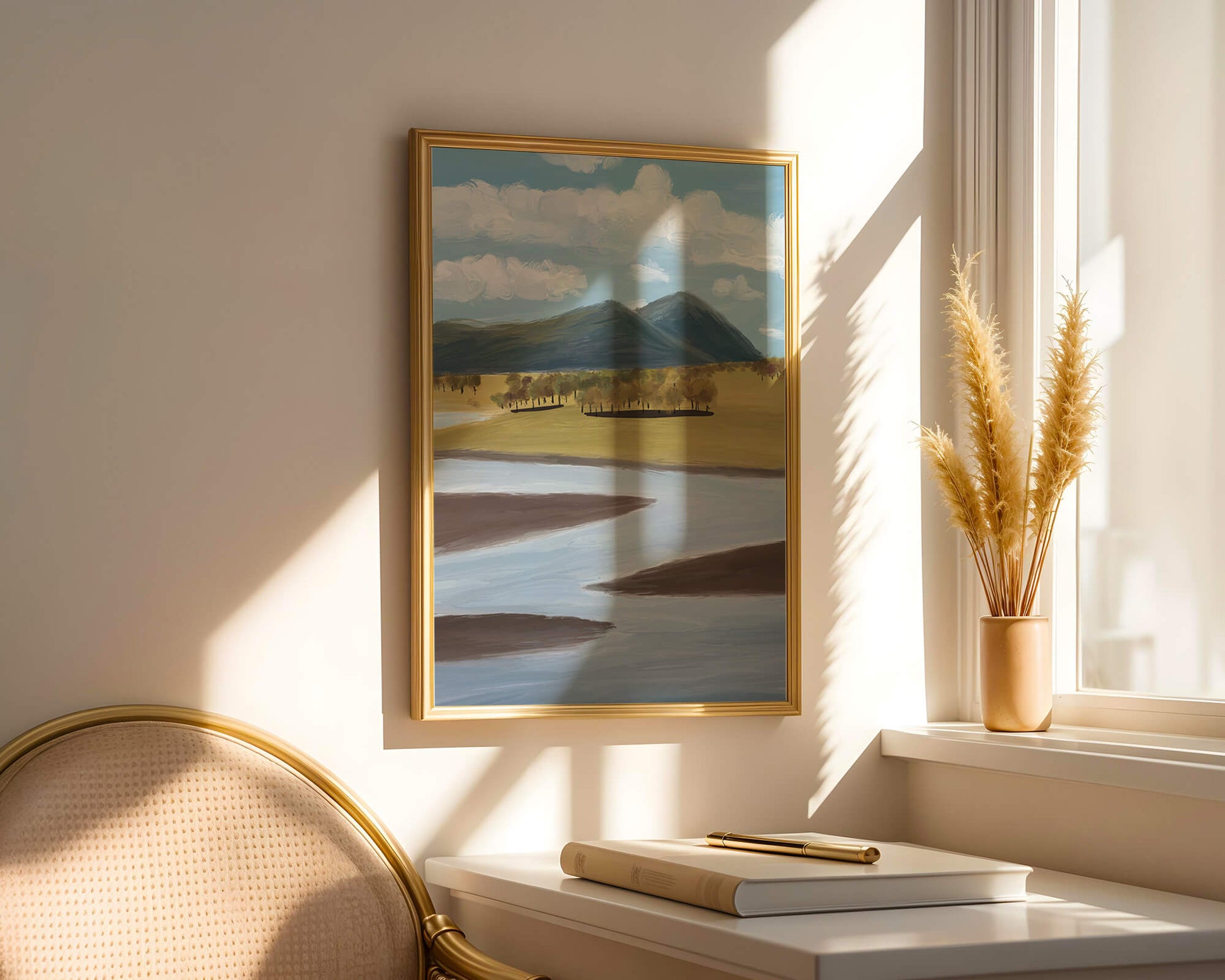 Serene Landscape with Mountains, Trees, and River