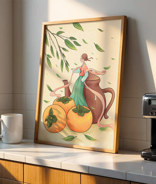 Whimsical scene with a woman in traditional attire among persimmons and leaves