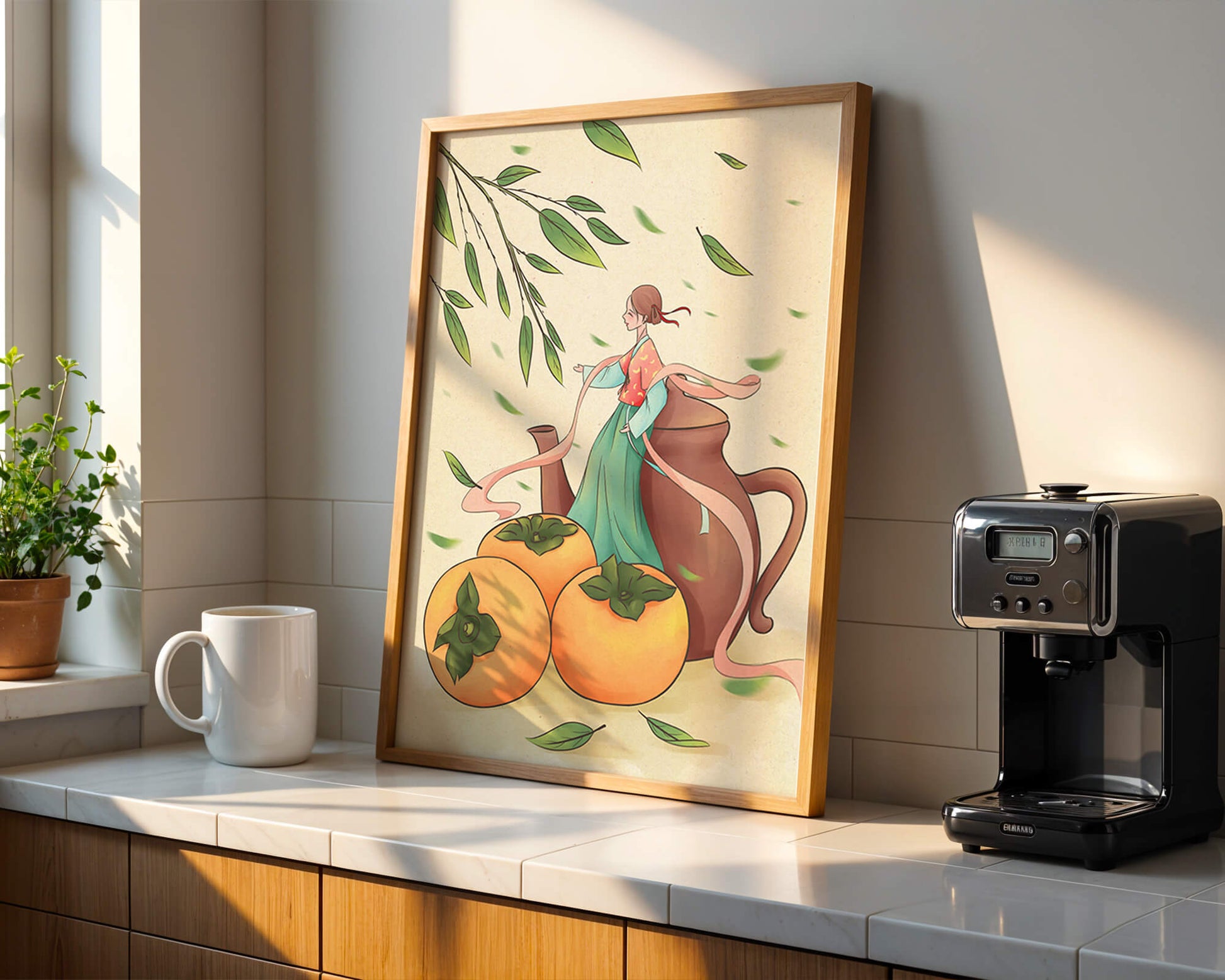 Whimsical scene with a woman in traditional attire among persimmons and leaves