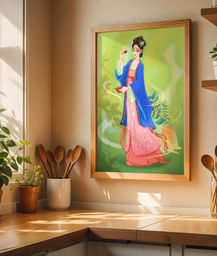 Diseño elegante de mujer en vestimenta tradicional del Este Asiático
