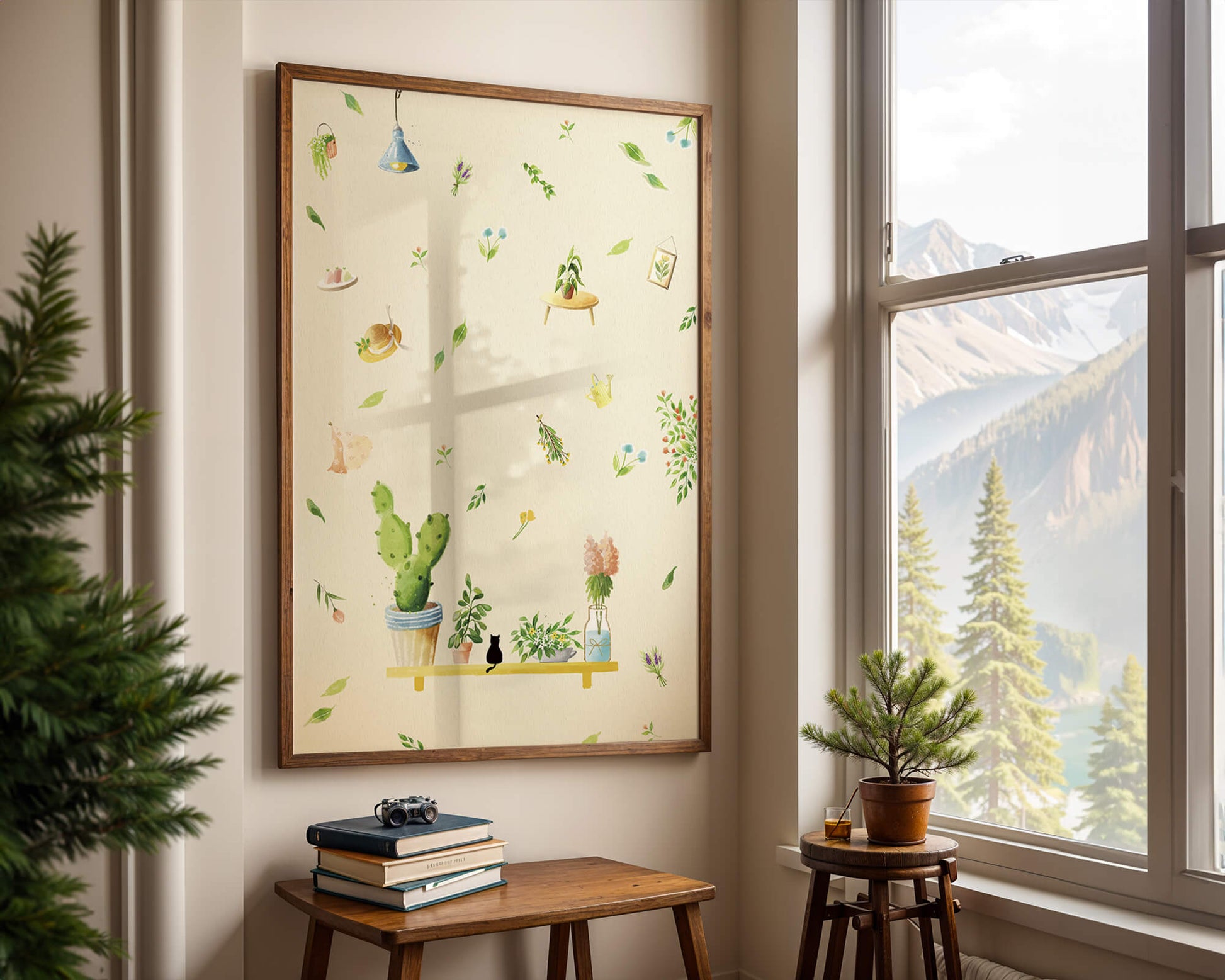 Illustration décorative avec des plantes et des éléments chaleureux