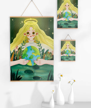 Illustration de la nature paisible avec une figure céleste tenant la Terre