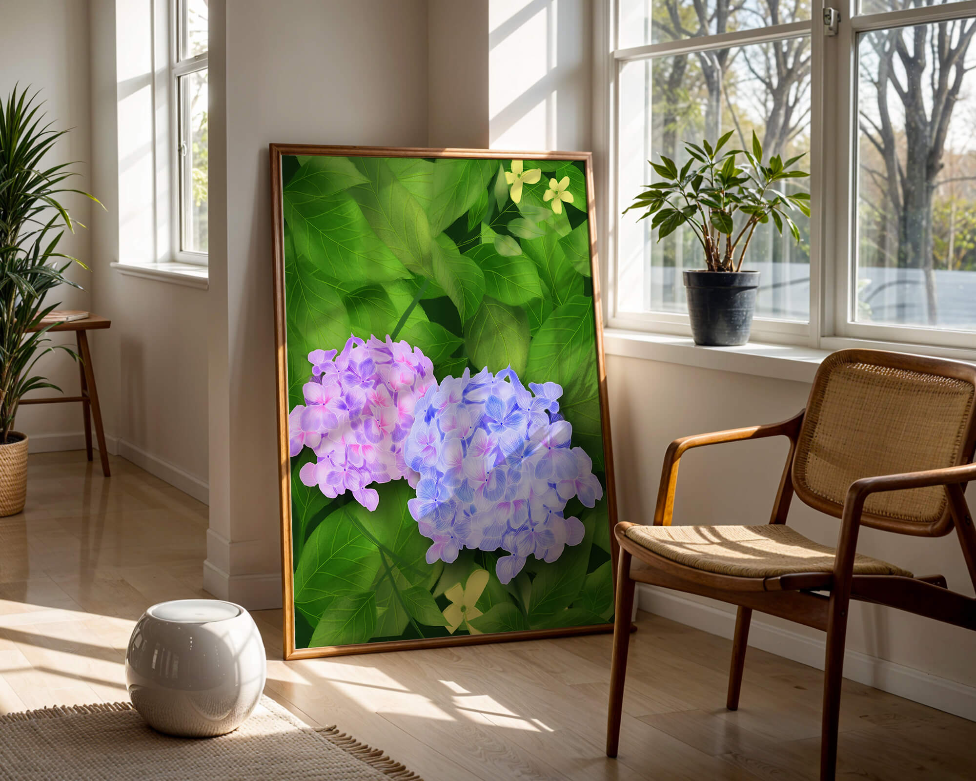 Delicate hydrangeas with lush green leaves in a vibrant botanical scene