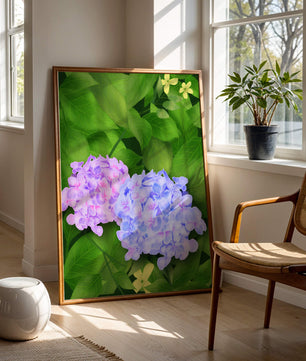 Delicate hydrangeas with lush green leaves in a vibrant botanical scene