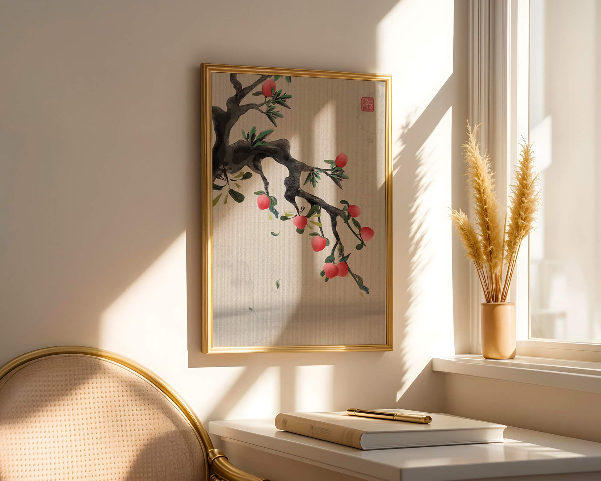 Asian ink painting featuring cherry blossoms on a textured background