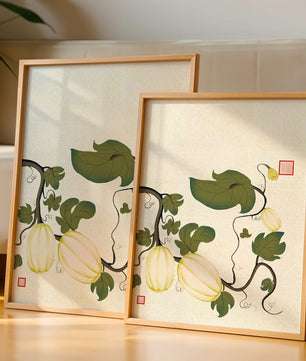 Illustration botanique élégante de melons et de vignes sur un fond texturé