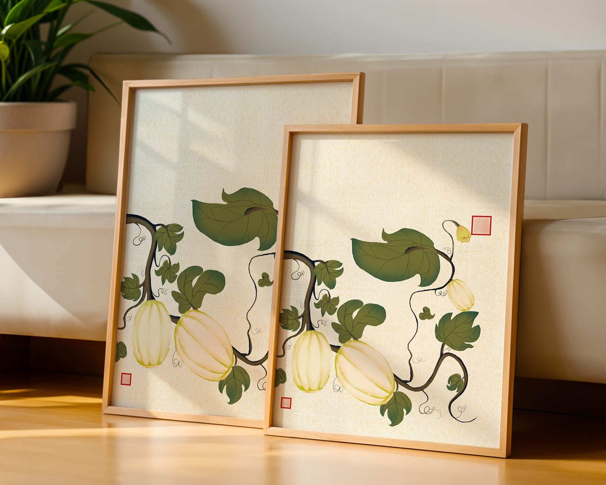 Illustration botanique élégante de melons et de vignes sur un fond texturé