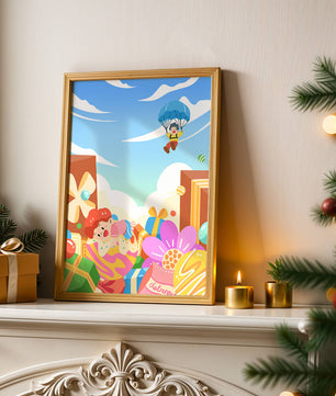 Colorful illustration with presents and children playing under a blue sky