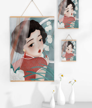 Elegant Asian Woman in Red Dress with White Roses and Pearls