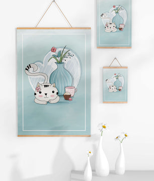 Cute Cat with Flowers, Cup, and Vase on Blue Background - Mi tienda