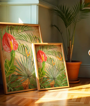 Colorful botanical illustration with tropical leaves on textured background
