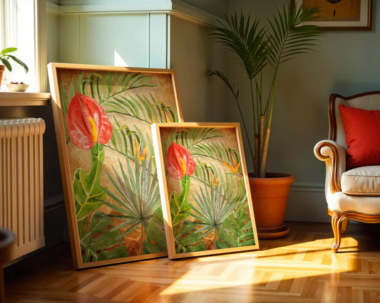 Colorful botanical illustration with tropical leaves on textured background