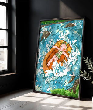 Adventurous raft ride down a vibrant cartoon river with character