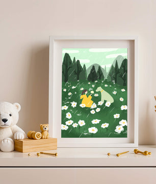 Woman and Dog in a Serene Rainy Meadow with Flowers