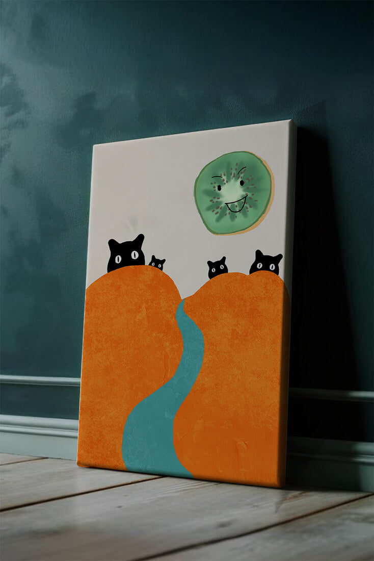 Playful Cats and Smiling Kiwi in Vibrant Hills