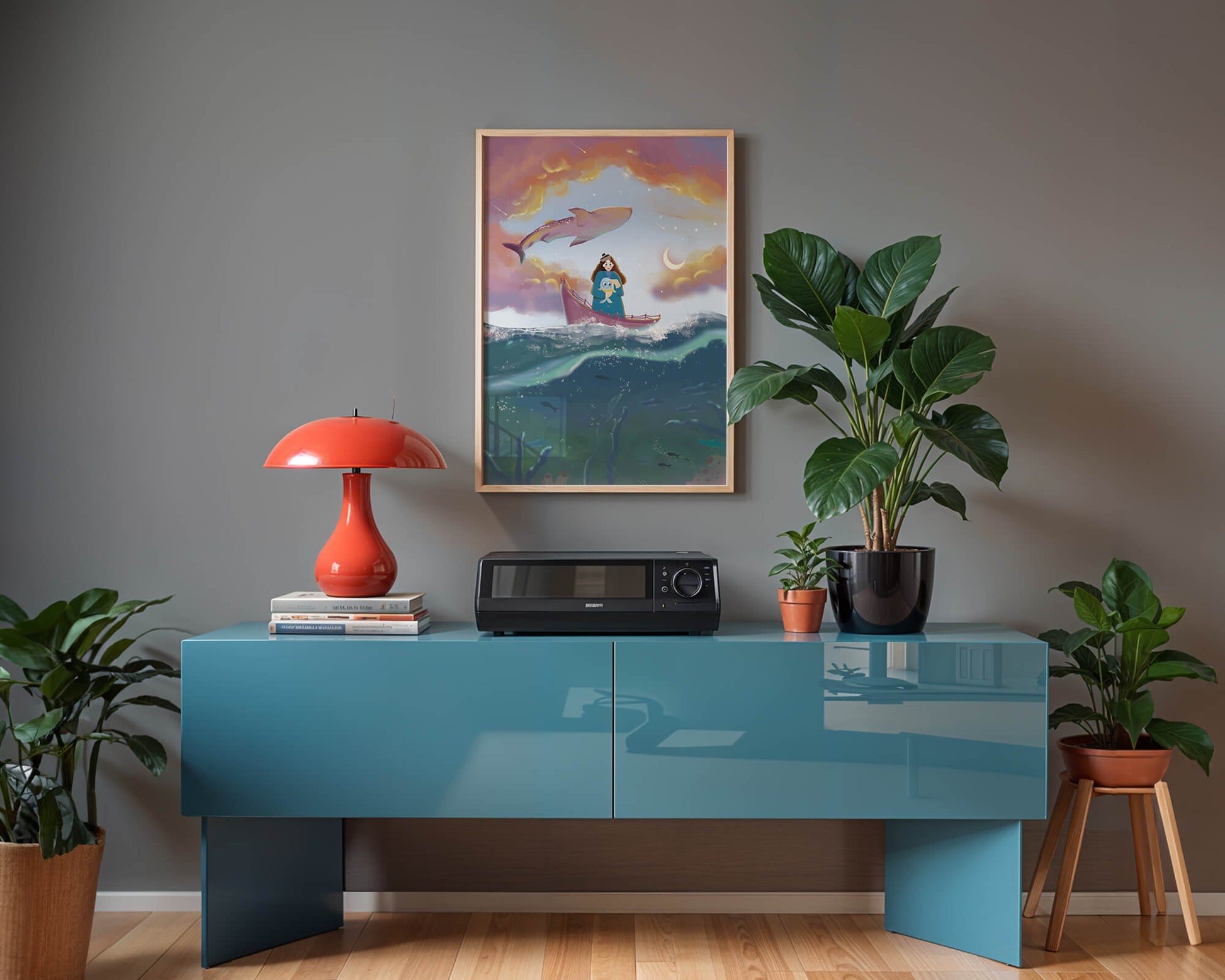 Whimsical illustration of a girl on a boat with a flying whale