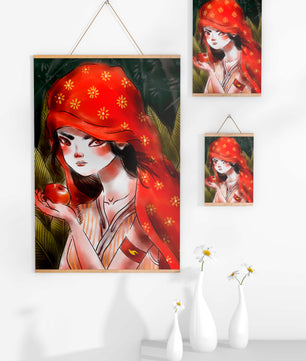 Illustration d'une fille en capuchon rouge tenant une pomme dans une forêt