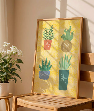 Illustrated potted plants on textured yellow background