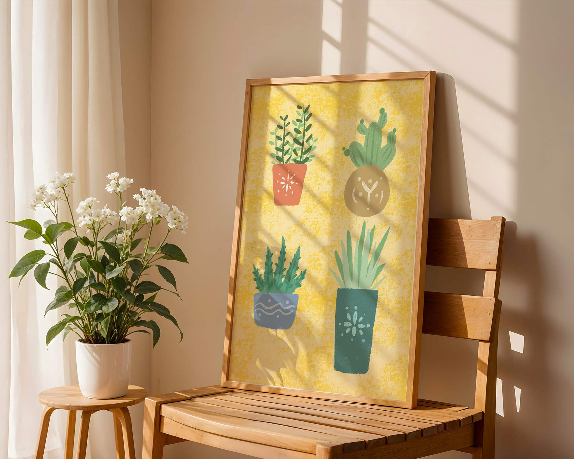 Illustrated potted plants on textured yellow background