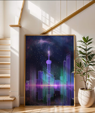 Futuristische Skyline mit leuchtenden Türmen unter sternenklarer Nacht