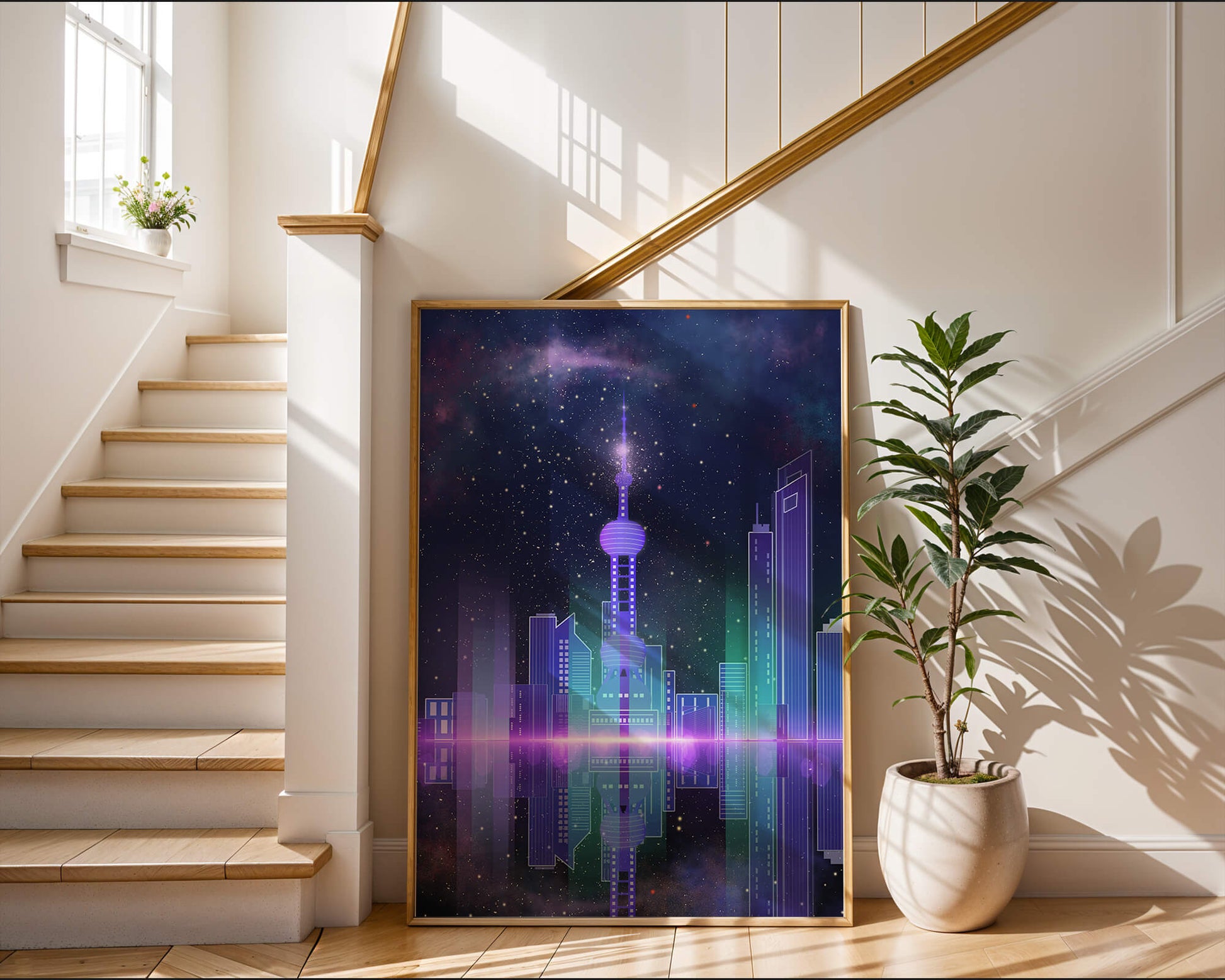 Futuristische Skyline mit leuchtenden Türmen unter sternenklarer Nacht