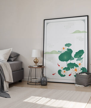 Elegante Lotus- und Koi-Fisch-Illustration mit orientalischen Designelementen