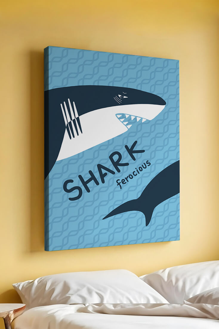 Illustrated shark graphic with blue background and typography