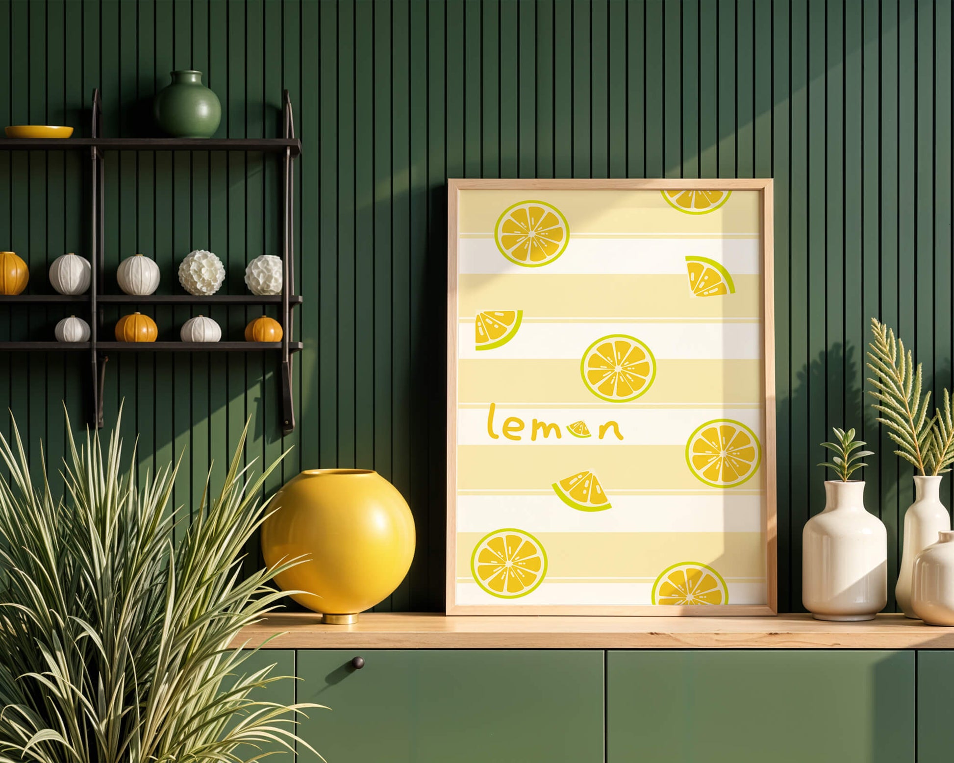 Yellow lemon slices pattern with bold stripes