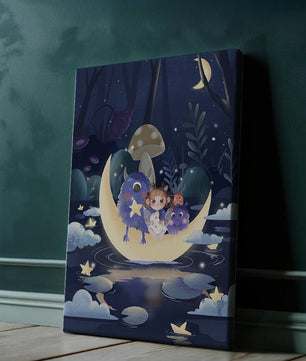 Escena nocturna onírica con un niño y monstruos amigables sobre una luna creciente
