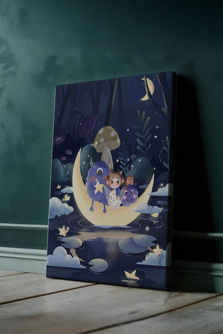 Dreamy night scene with a child and friendly monsters on a crescent moon