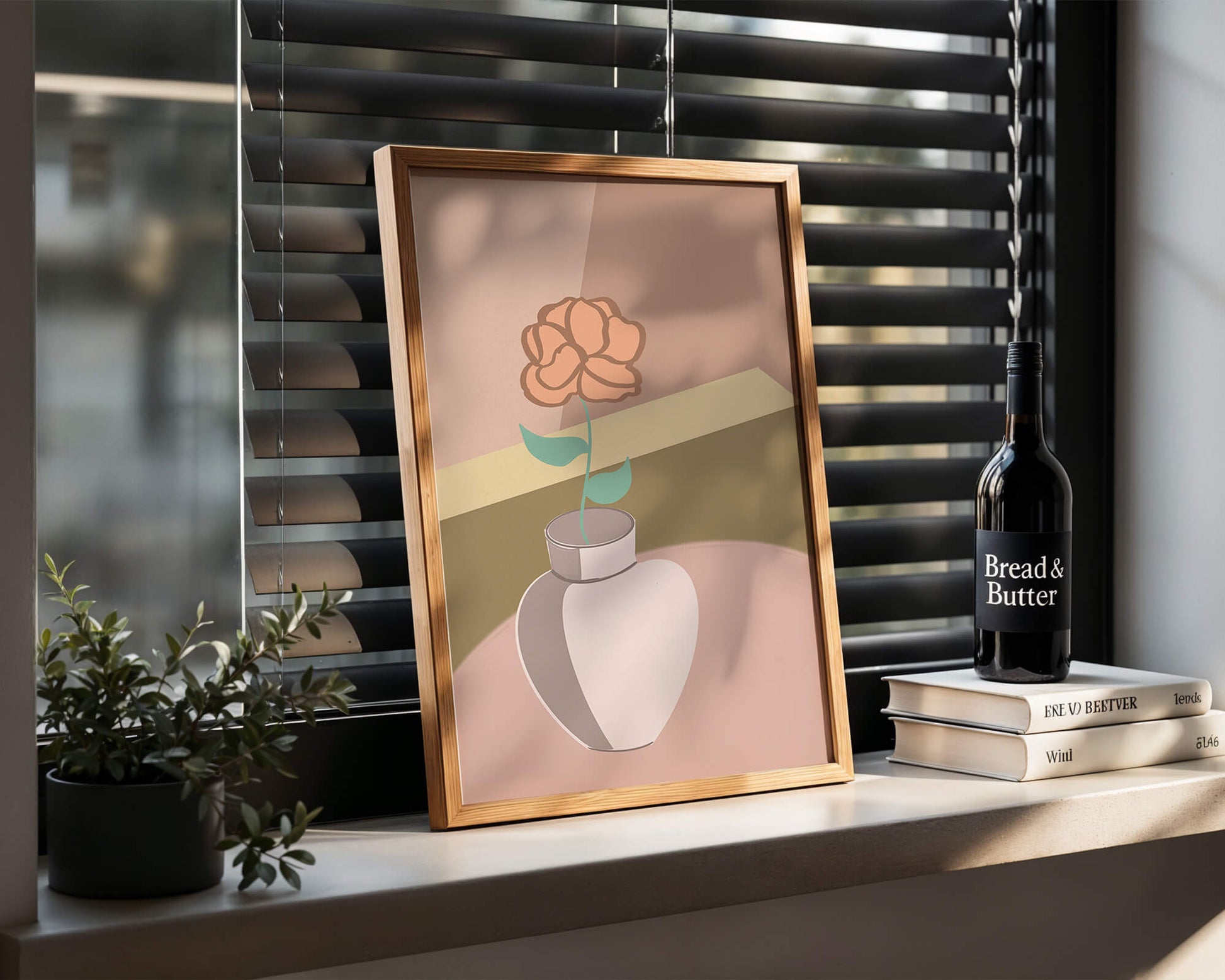 Ilustración abstracta de un jarrón con una flor en colores pastel