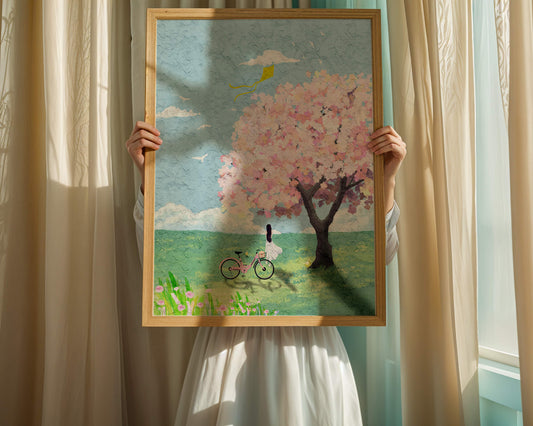 Springtime scene with cherry blossom and girl with bicycle