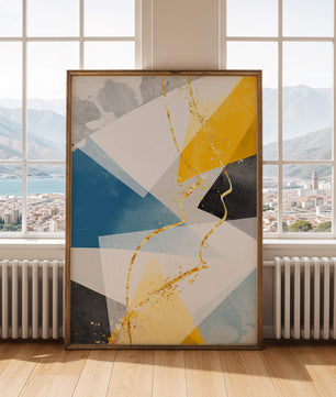 Abstract Geometric Art with Gold Accents in Blue, Yellow, and Gray - Mi tienda