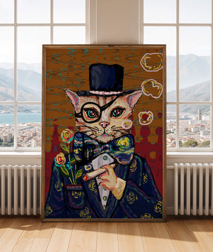 Skurriles Porträt einer Katze in Anzug und Zylinder mit Vintage-Flair